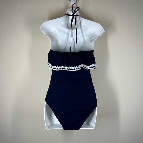 J.Crew Rickrack Ruffle Bandeau One Piece Swimsuit Womens Size 4 Navy Tie Neck - Picture 9 of 10